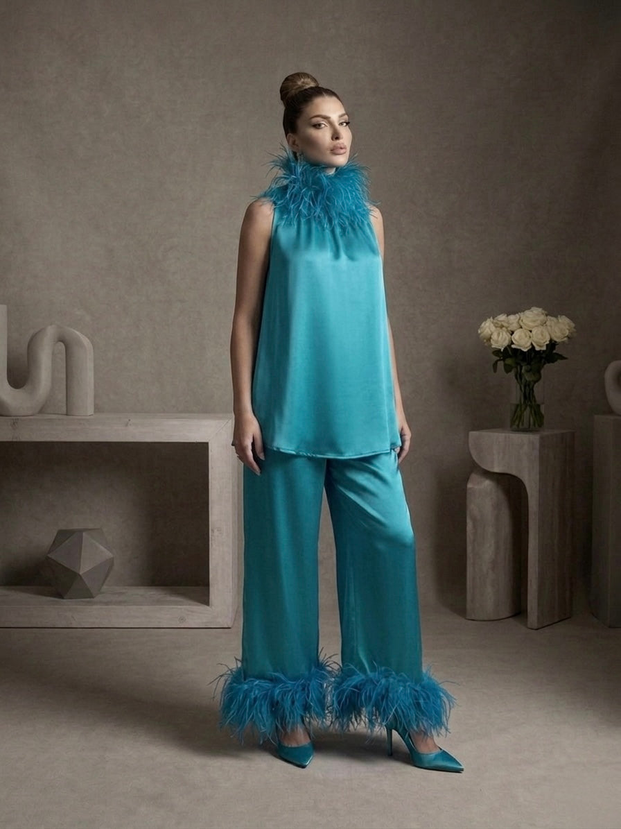 Turquoise feather Trimmed Two-Piece Set