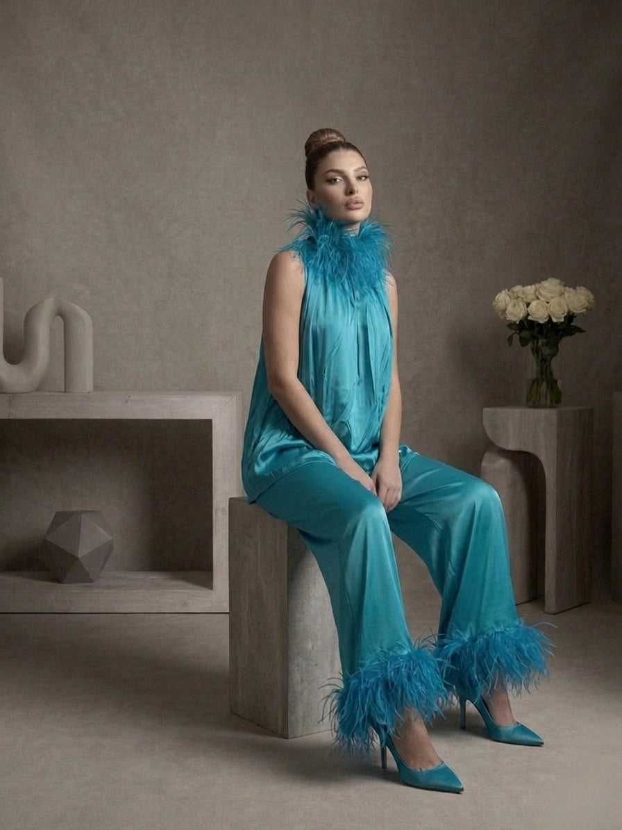 Turquoise feather Trimmed Two-Piece Set