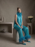 Turquoise feather Trimmed Two-Piece Set