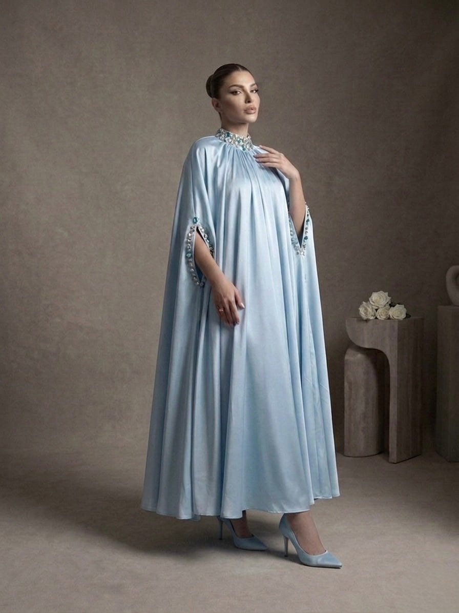 Ice Blue Embellished Cape Dress