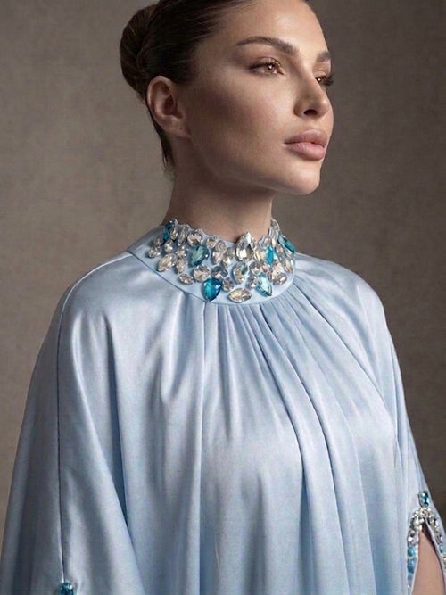 Ice Blue Embellished Cape Dress