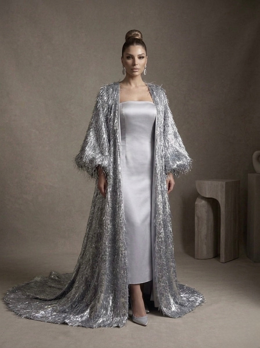 Silver Shimmer Fringe Overlay & Satin Dress Set