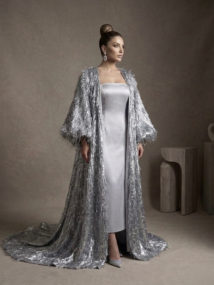 Silver Shimmer Fringe Overlay & Satin Dress Set