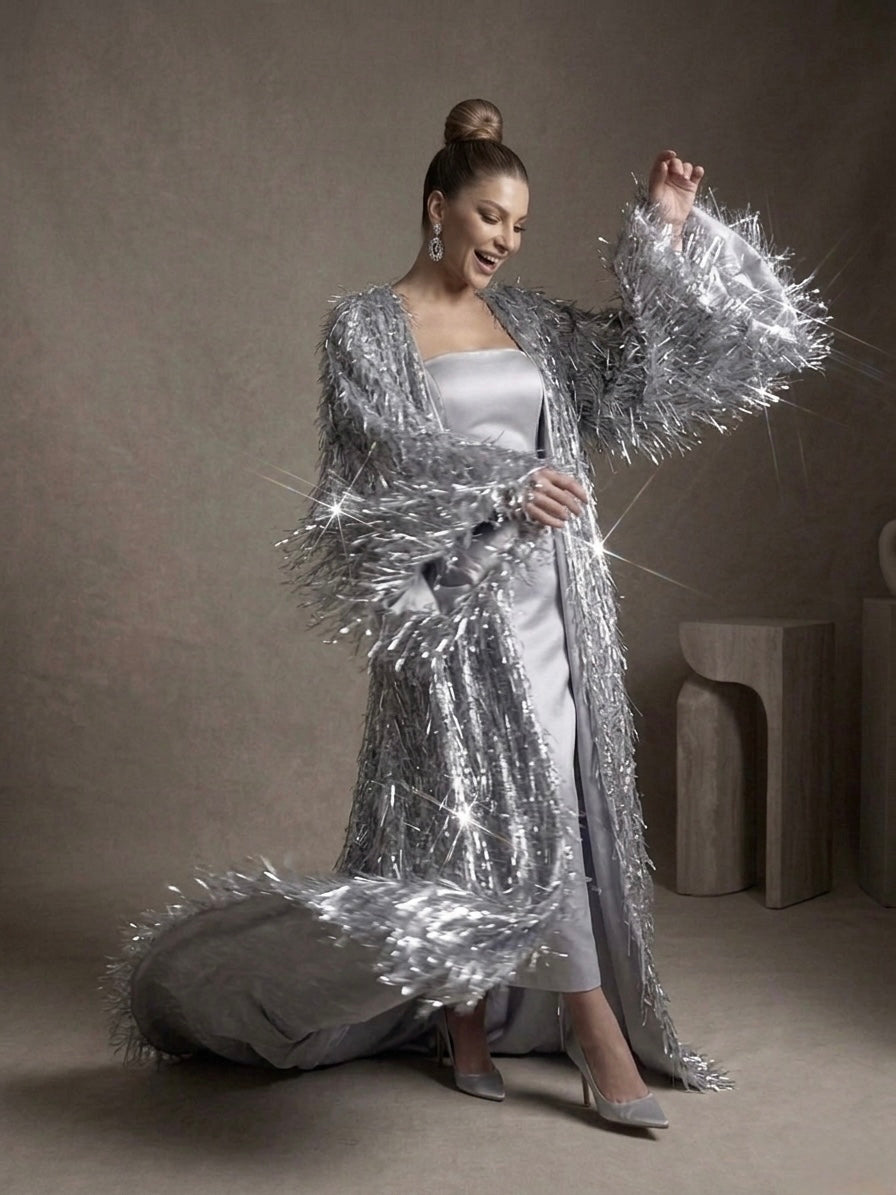 Silver Shimmer Fringe Overlay & Satin Dress Set