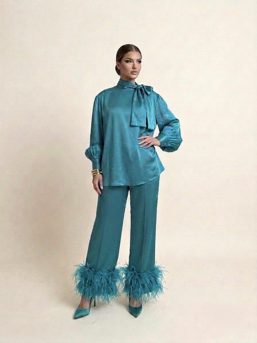 Turquoise Feather-Trimmed Two-Piece Set