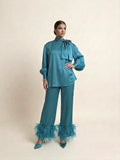 Turquoise Feather-Trimmed Two-Piece Set