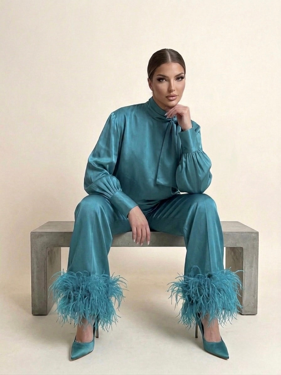 Turquoise Feather-Trimmed Two-Piece Set