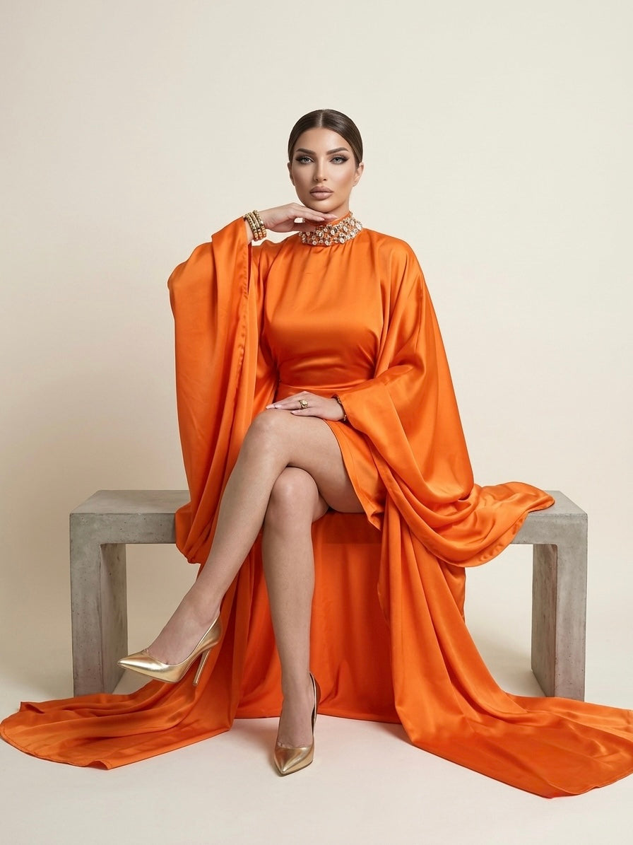 Orange Satin Dress with Embellished High Neckline