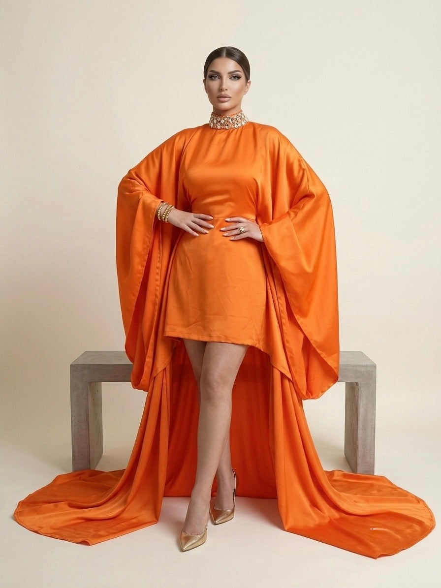 Orange Satin Dress with Embellished High Neckline