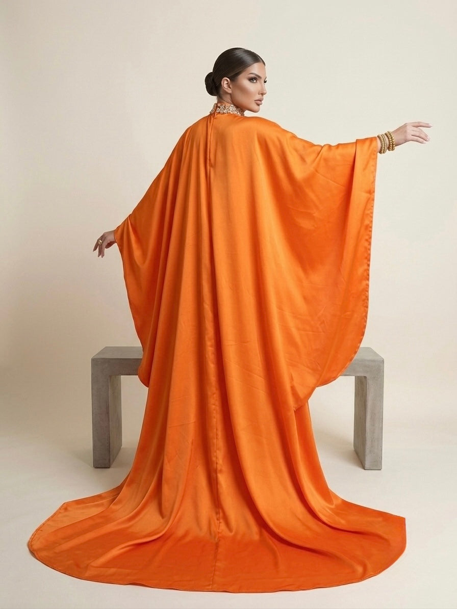 Orange Satin Dress with Embellished High Neckline