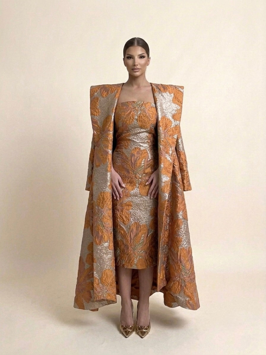 Bronze and Copper Floral Jacquard Coat Dress