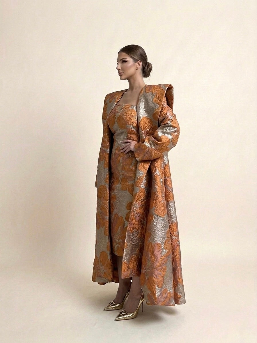 Bronze and Copper Floral Jacquard Coat Dress
