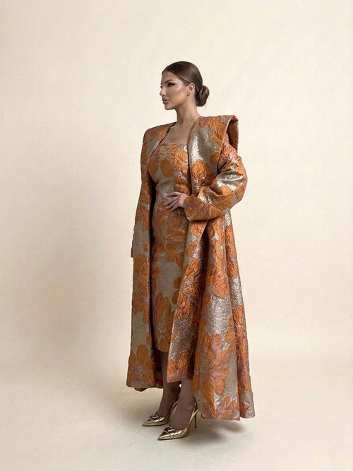 Bronze and Copper Floral Jacquard Coat Dress