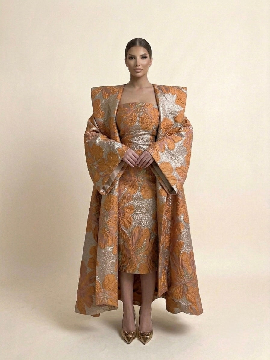 Bronze and Copper Floral Jacquard Coat Dress
