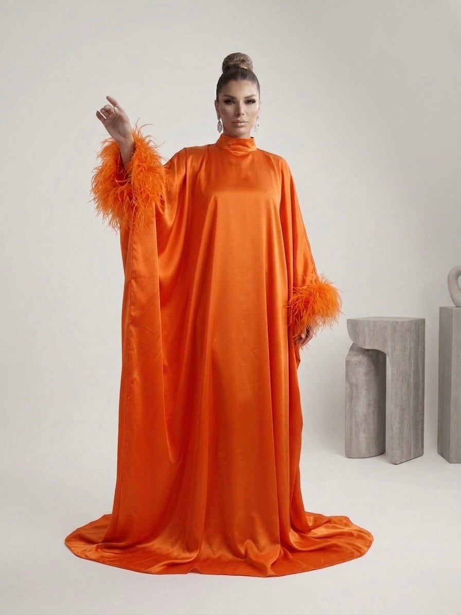 Orange Feather-Trimmed Satin Dress