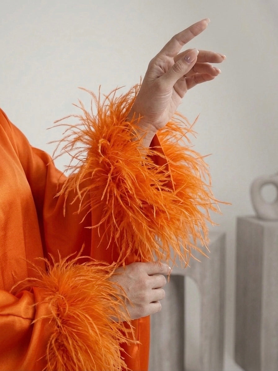 Orange Feather-Trimmed Satin Dress