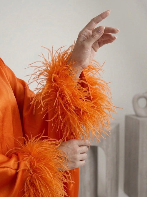 Orange Feather-Trimmed Satin Dress
