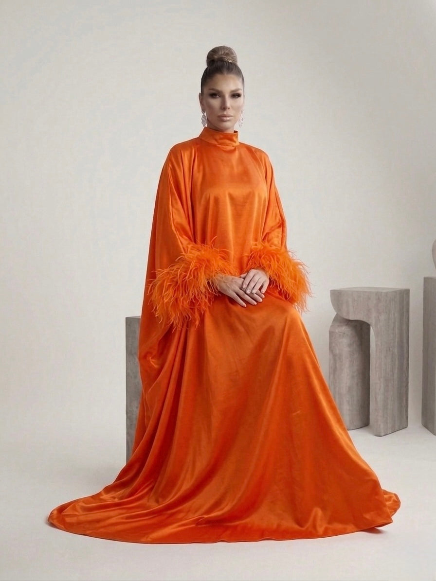 Orange Feather-Trimmed Satin Dress