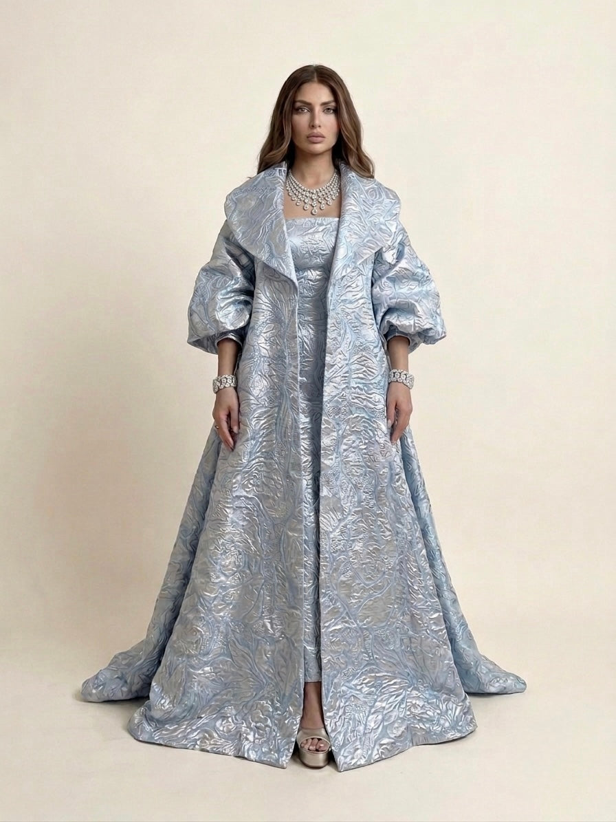 Silver Blue Jacquard Coat Dress