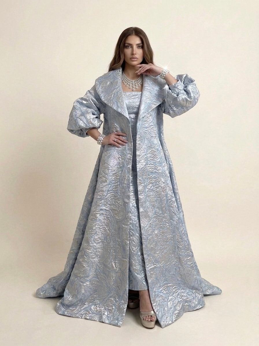 Silver Blue Jacquard Coat Dress