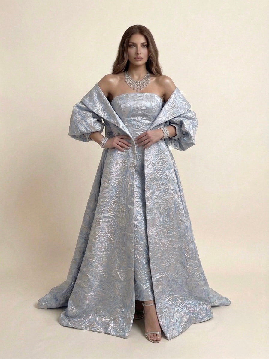 Silver Blue Jacquard Coat Dress