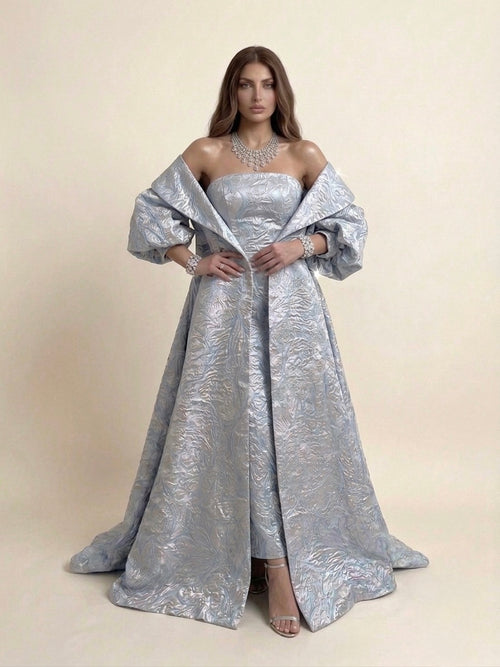 Silver Blue Jacquard Coat Dress